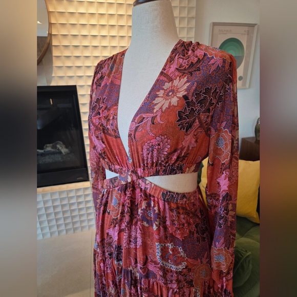 NWT A.L.C. Isabelle Silk Floral Maxi Dress, Long Sleeves, Cutout Midriff Size 12 - Picture 5 of 9